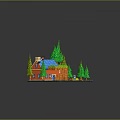 Cartoon Scene With Red House Blue Roof Green Pine Trees And Small Fence