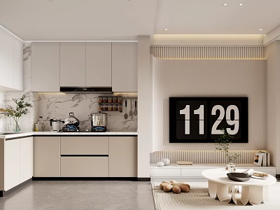 Modern Living and Dining Room Interior with Cabinetry Marble Countertop and Wall Clock 3d model