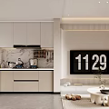 Modern Living and Dining Room Interior with Cabinetry Marble Countertop and Wall Clock