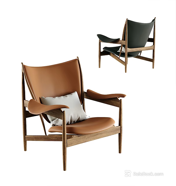 Brown and Black Leather Accent Chair with Wooden Frame and Soft Cushion 3d model 