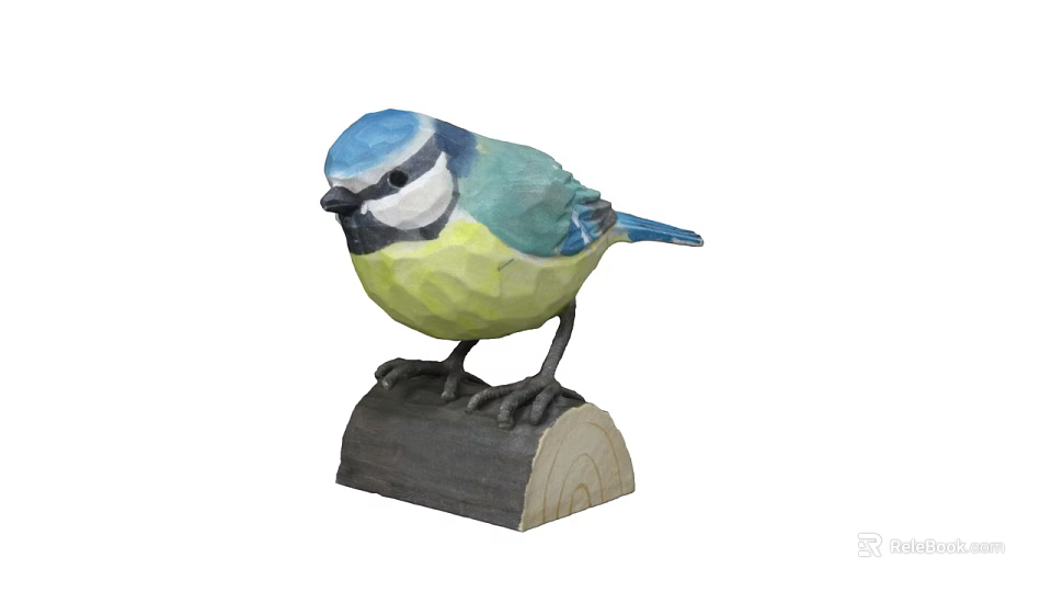 Decorative Blue Yellow And White Bird Sculpture Standing On Wooden Log Base 3d model 
