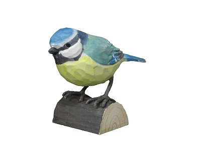 Decorative Blue Yellow And White Bird Sculpture Standing On Wooden Log Base 3d model