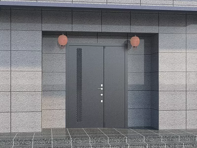Modern Storefront Facade With Gray Stone Wall Panels Black Double Doors And Red Lantern Accents 3d model