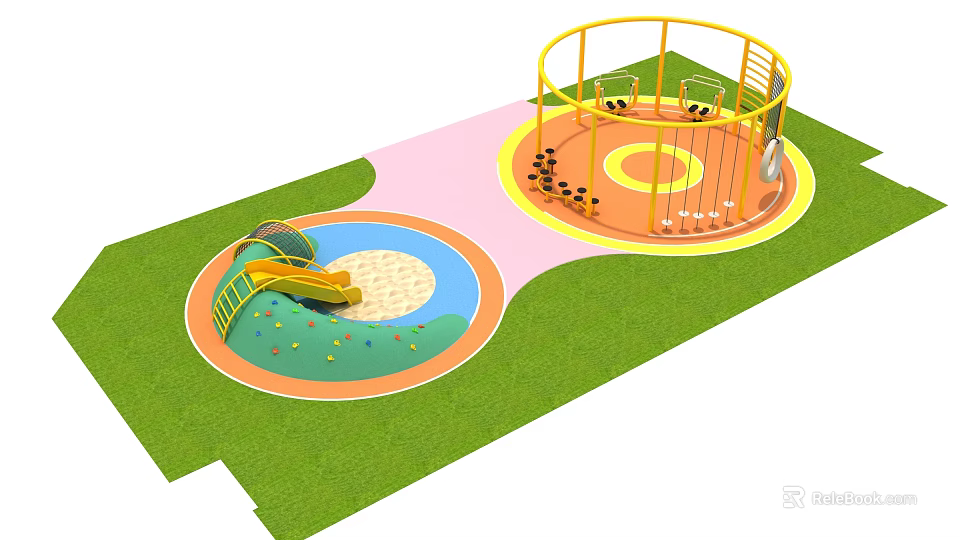 Outdoor Playground Equipment Featuring Sandpit Slide And Circular Climbing Structure On Grass 3d model 