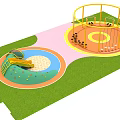 Outdoor Playground Equipment Featuring Sandpit Slide And Circular Climbing Structure On Grass