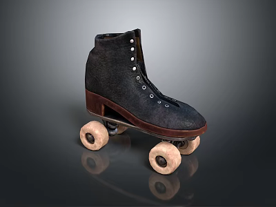 Vintage Roller Skates with Black Upper Brown Sole and White Wheels 3d model