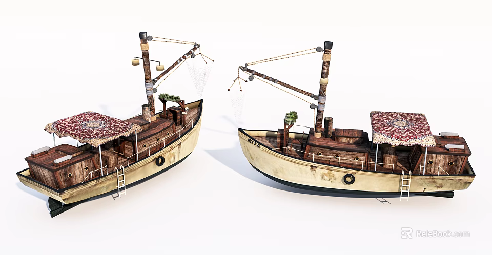 Vintage Wooden Boats With Red Patterned Canopy Palm Tree And Ladder 3d model 