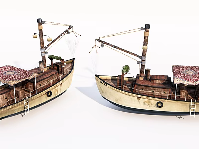 Vintage Wooden Boats With Red Patterned Canopy Palm Tree And Ladder 3d model