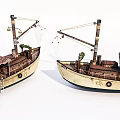 Vintage Wooden Boats With Red Patterned Canopy Palm Tree And Ladder