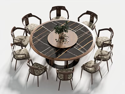 Luxurious Round Dining Table With Eight Upholstered Chairs Marble Top And Plant Centerpiece 3d model