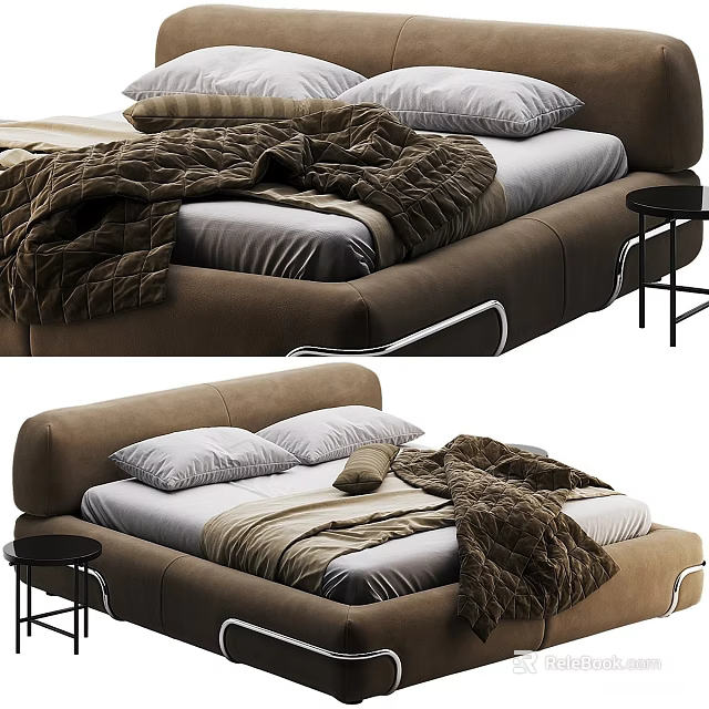 Modern Brown Double Bed with Gray Pillows Cozy Blanket and Black Side Table 3d model 