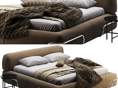 Modern Brown Double Bed with Gray Pillows Cozy Blanket and Black Side Table 3d model