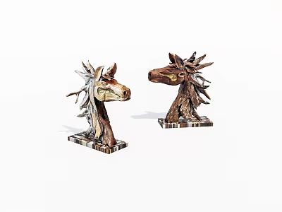 Hand Carved Wooden Horse Head Sculptures with Natural Texture Different Poses and Square Bases 3d model