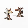 Hand Carved Wooden Horse Head Sculptures with Natural Texture Different Poses and Square Bases