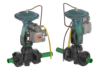 Industrial Control Valves With Green Actuators Black Bodies And Connecting Pipes 3d model