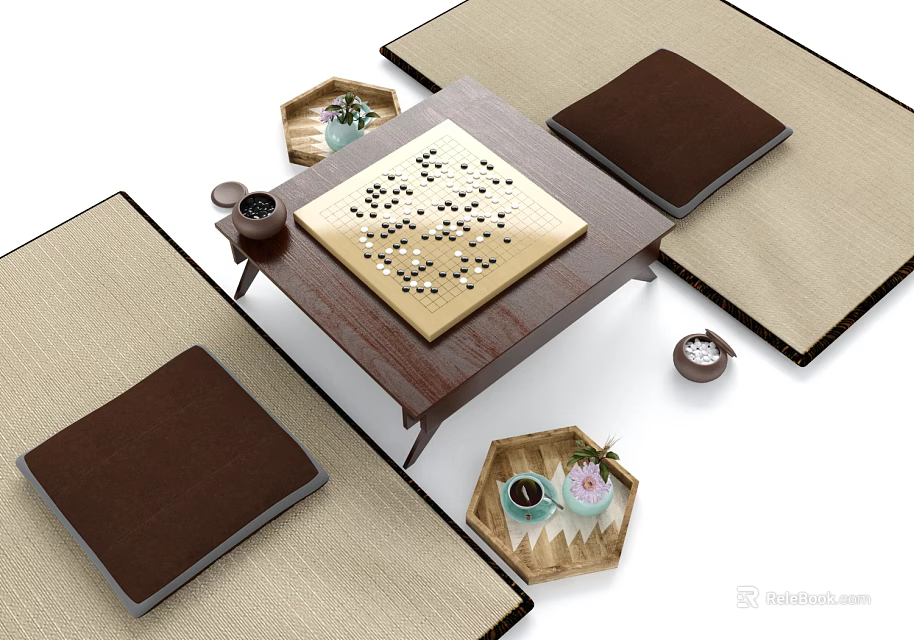 Board Game Entertainment Setup With Wooden Table Tatami Mats Brown Cushions And Tea Sets 3d model 