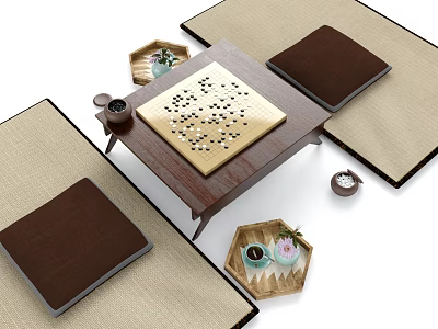 Board Game Entertainment Setup With Wooden Table Tatami Mats Brown Cushions And Tea Sets 3d model
