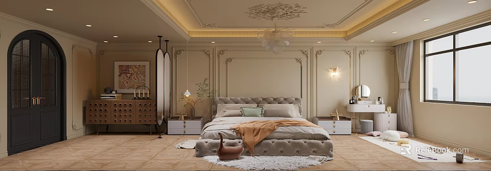 Luxurious Bedroom Interior With Upholstered Bed Ornate Ceiling Chandelier Decorative Walls And Nightstands 3d model 