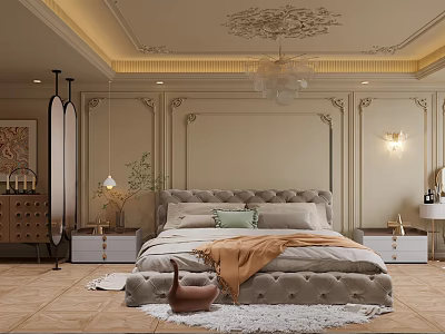 Luxurious Bedroom Interior With Upholstered Bed Ornate Ceiling Chandelier Decorative Walls And Nightstands 3d model