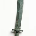 Ancient Bronze Weapon Sword With Long Blade Green Rust And Decorative Hilt