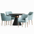 Modern Round Black Tabletop Dining Table Set With Gold Base And Brown Light Blue Chairs 3d model