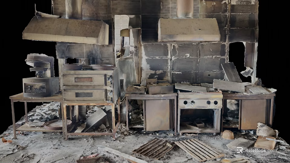 Burned Kitchen After Fire With Charred Cabinets Ovens Stoves Damaged Walls Ceilings And Debris 3d model 