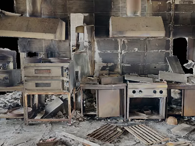 Burned Kitchen After Fire With Charred Cabinets Ovens Stoves Damaged Walls Ceilings And Debris 3d model