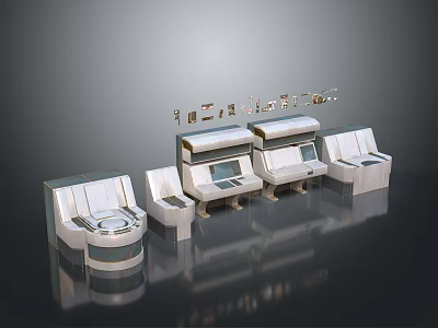 Modern White Control Consoles With Seating Countertops Display Screens And Reflective Floor 3d model