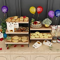 Wooden Display Cabinet Showcasing Pastries Snacks With Colorful Balloons And Flowers