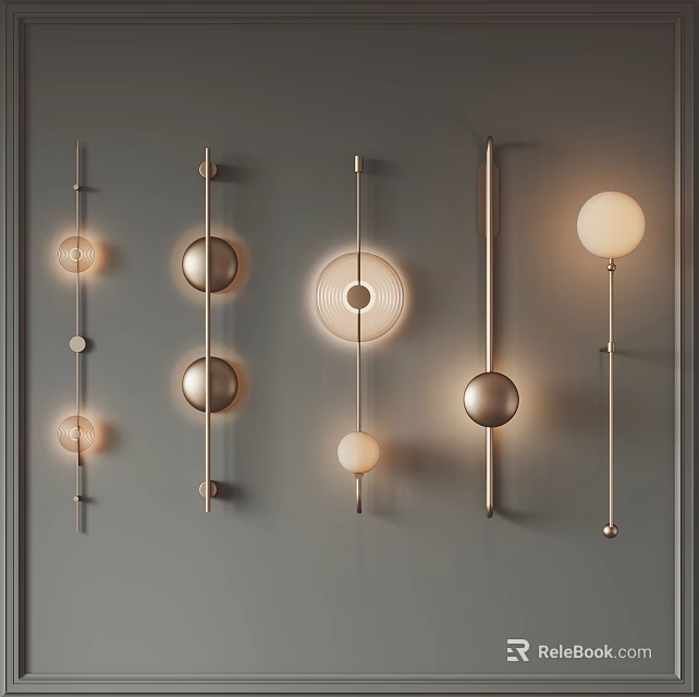 Sleek Modern Wall Lamps With Round Shades Metal Frames And Warm Glow On Gray Wall 3d model 
