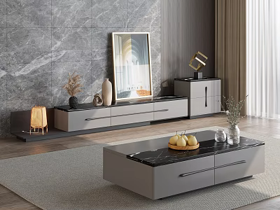 Modern Gray TV Stand With Marble Wall Decorative Vases And Lamps In Living Interior 3d model
