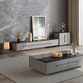Modern Gray TV Stand With Marble Wall Decorative Vases And Lamps In Living Interior