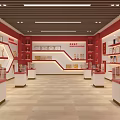 Red Honor Exhibition Hall Interior With Display Cabinets Trophies Medals And Communist Party Emblem