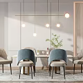 Modern Dining Table Set With Marble Top Light Blue And Beige Chairs And Decorative Vase