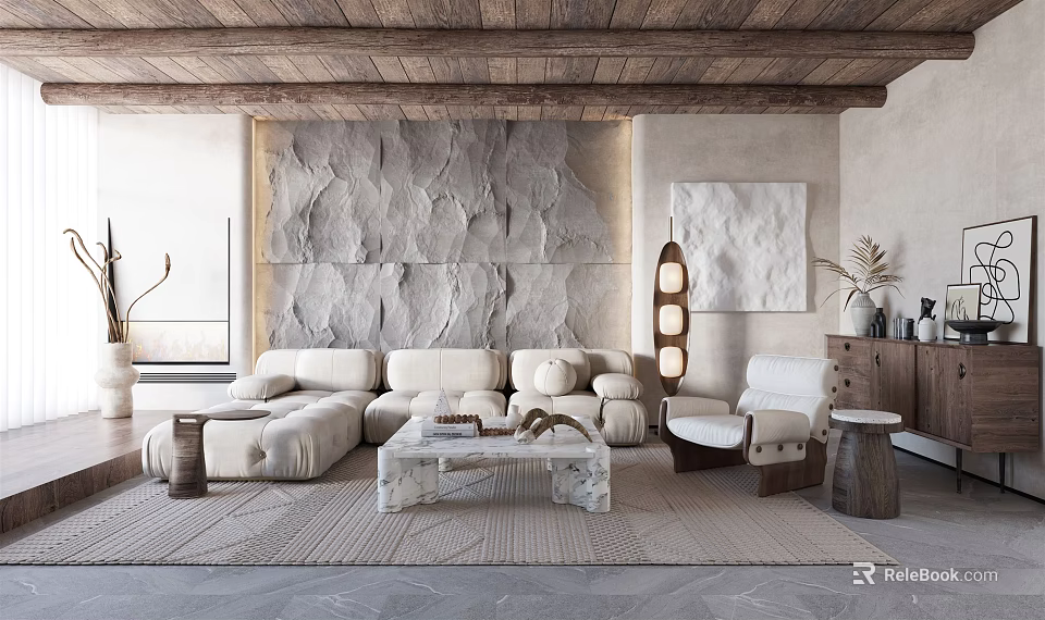 Rustic Living Room Interior With Wooden Ceiling Stone Wall Light Sofa And Marble Coffee Table 3d model 