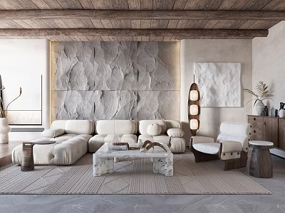 Rustic Living Room Interior With Wooden Ceiling Stone Wall Light Sofa And Marble Coffee Table 3d model