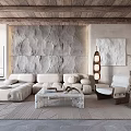 Rustic Living Room Interior With Wooden Ceiling Stone Wall Light Sofa And Marble Coffee Table