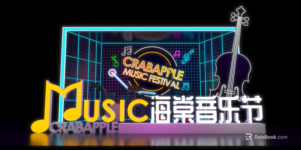 Crabapple Music Festival Stage With Neon Lights Music Notes And Violin Silhouette Design 3d model 