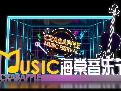 Crabapple Music Festival Stage With Neon Lights Music Notes And Violin Silhouette Design 3d model