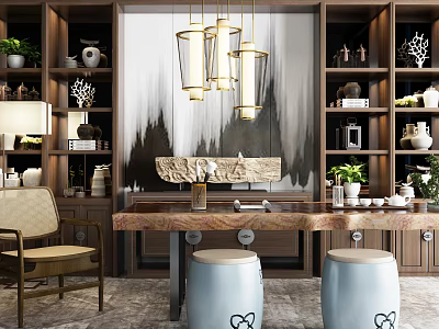Traditional Tea Table And Chairs With Marble Top Hanging Lamps And Decorative Shelves 3d model