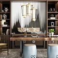 Traditional Tea Table And Chairs With Marble Top Hanging Lamps And Decorative Shelves