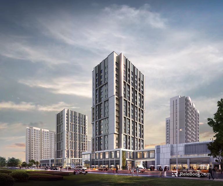 Modern High Rise Residential Buildings With Urban Street View And Cloudy Sky 3d model 