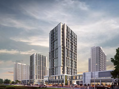 Modern High Rise Residential Buildings With Urban Street View And Cloudy Sky 3d model