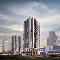 Modern High Rise Residential Buildings With Urban Street View And Cloudy Sky
