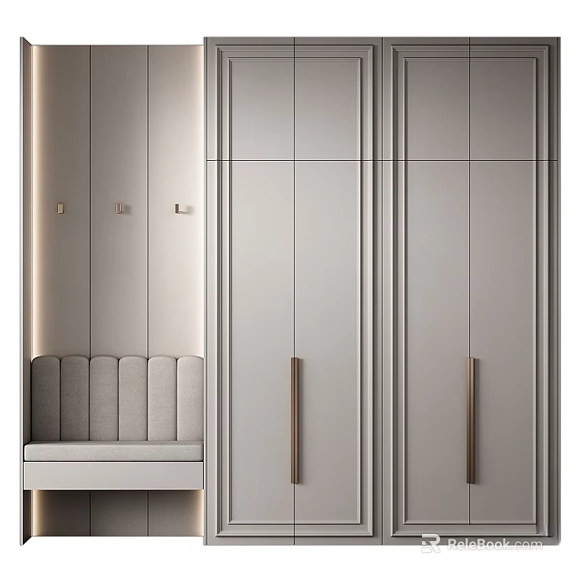Modern Minimalist Entryway Hallway Interior With Grey Cabinets Upholstered Bench And Brass Handles 3d model 