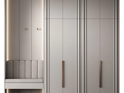 Modern Minimalist Entryway Hallway Interior With Grey Cabinets Upholstered Bench And Brass Handles 3d model