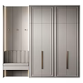 Modern Minimalist Entryway Hallway Interior With Grey Cabinets Upholstered Bench And Brass Handles