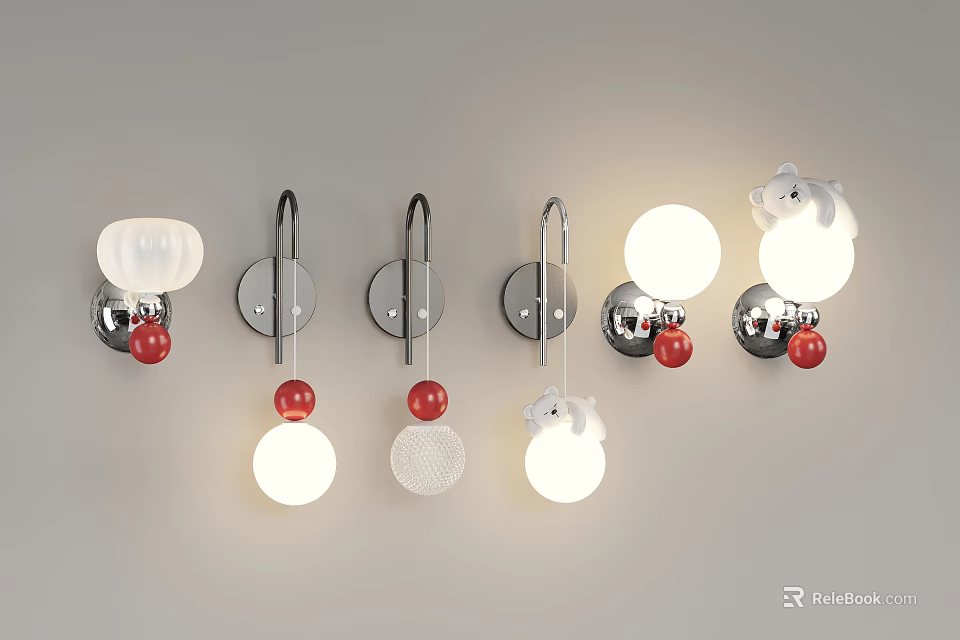 Modern Ceiling Lights With Various Designs White Lampshades Red Decorative Balls And Silver Frames 3d model