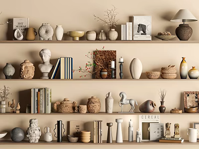 Stylish Decorative Ornament Set With Vases Sculptures Books And Lamp On Shelves For Interior Decor 3d model