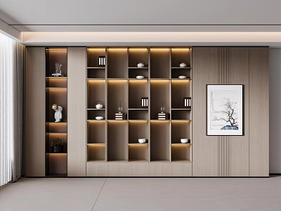 Elegant Modern Wooden Display Cabinet Featuring Lighting Open Shelves and Decorations 3d model